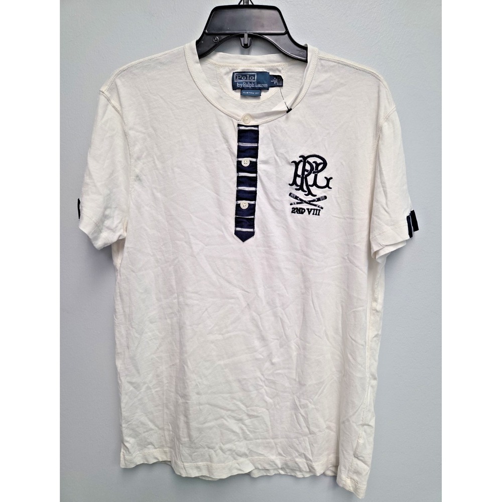 Polo Ralph Lauren SS Henley Shirt L Embroidered Graphic‎ Logo Button Vintage